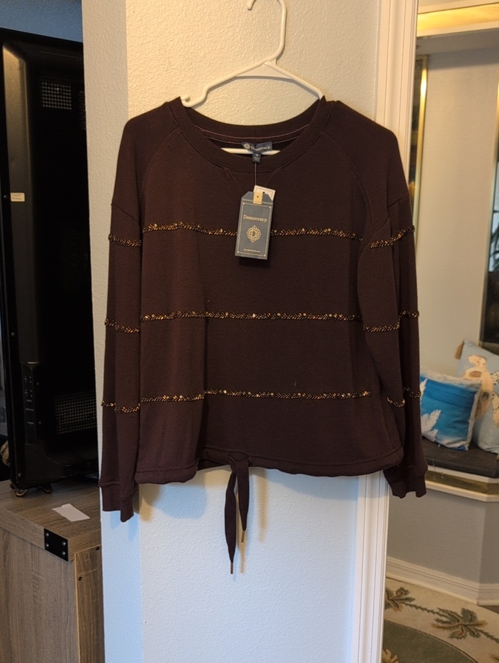 Democracy Brown Crewneck Pullover with Gold Metallic Stripes Brand New